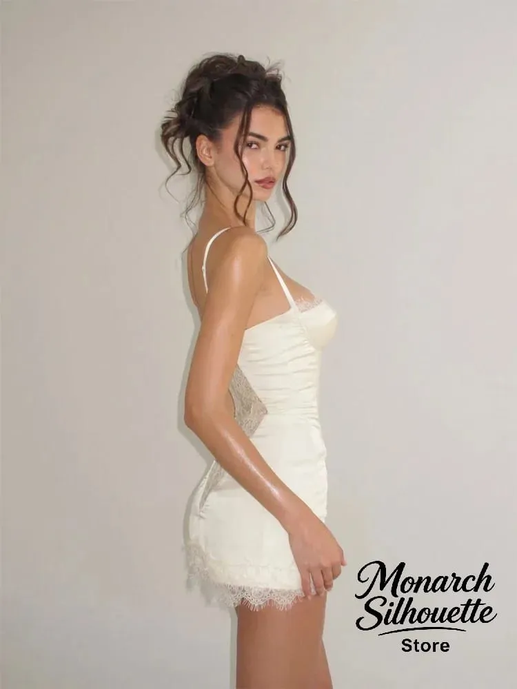 Solid Satin Lace Corset Mini Dress Women Sexy Spaghetti Strap Sheer Panel Slim Fit Short Dresses 2026 Trendy Lady Night Out Wear