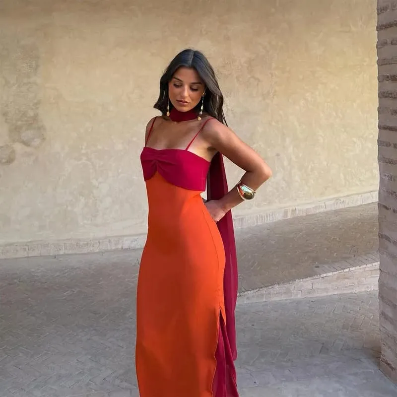 Color Blocking Scarf Collar Suspender Women Maxi Dress Spaghetti Strap High Split Floor Length Evening Dresses Lady Party Robes — image 2