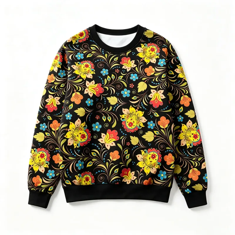 Traditional Russian Khokhloma Floral Print Sweatshirt Autumn Casual O-Neck Pullover Long Sleeve Tops Unisex Vintage Streetwear — image 6