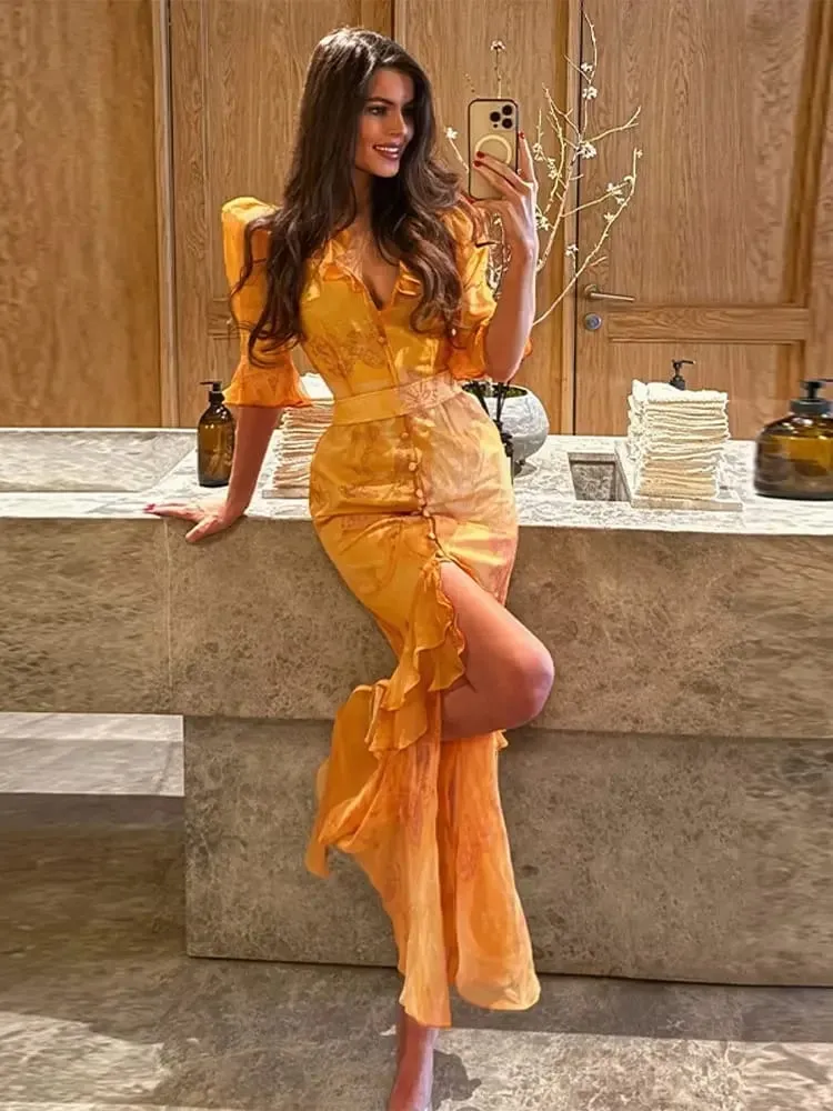 Floral Print Ruffle V Neck Waist Cinching Long Dresses Split Hem Single Breasted Maxi Dress 2026 Party Beach Vacation Vestidos — image 2