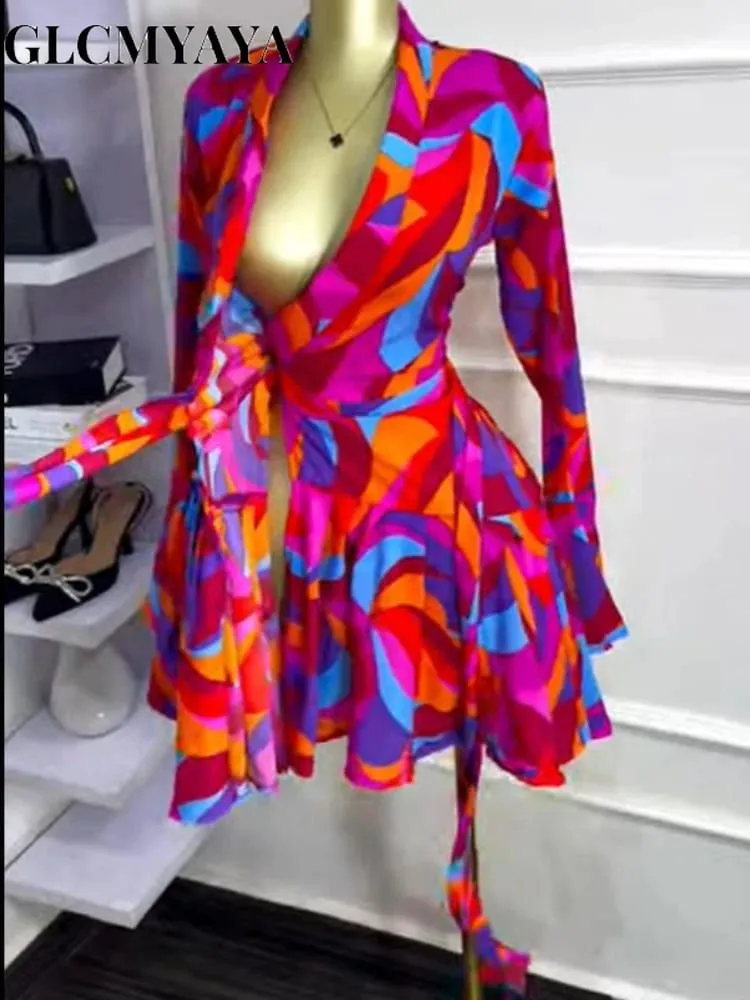 Women Tie Dye Print Flare Long Sleeve Wrap V-neck with Sashes Ruffle Dress 2026 Elegant Vacation Party Birthday Dresses — image 2