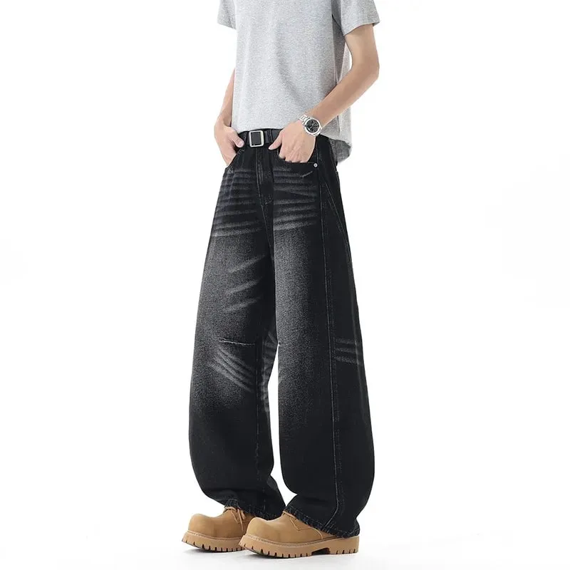 Men 2026 New American Curved Cut Jeans Fall Winter High Street Washed Whiskering Wide Leg Vintage Loose Denim Trousers — image 4