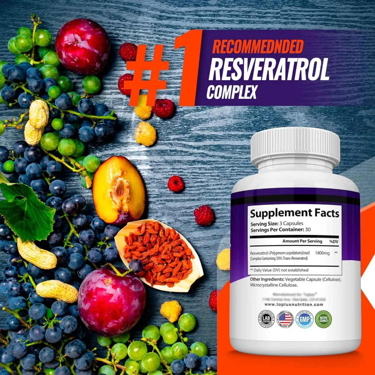 Resveratrol Complex 1800mg Capsules Antioxidant Complex Trans Resveratrol Supplement for Men Women | Non-GMO Gluten Free — image 4