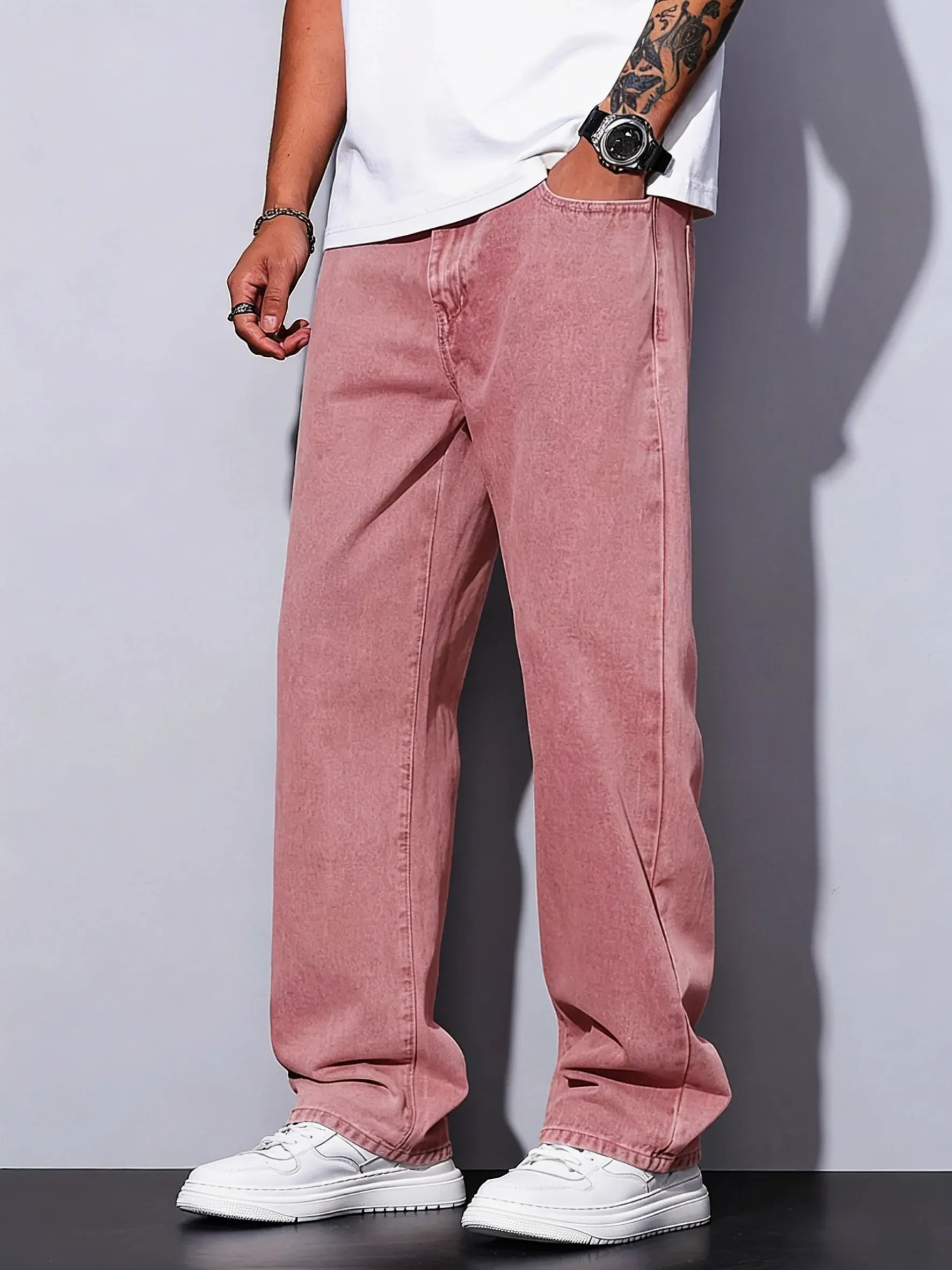 Men Jeans Pink Basic Straight Leg Men Jeans Mid Rise All-match Trousers All Seasons Street Daily Bottoms For Young Men Daily Out
