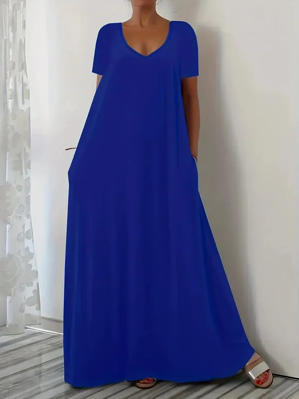 Plus Size Summer new long skirt casual loose short sleeved solid color V-neck plus size dress for women — image 4