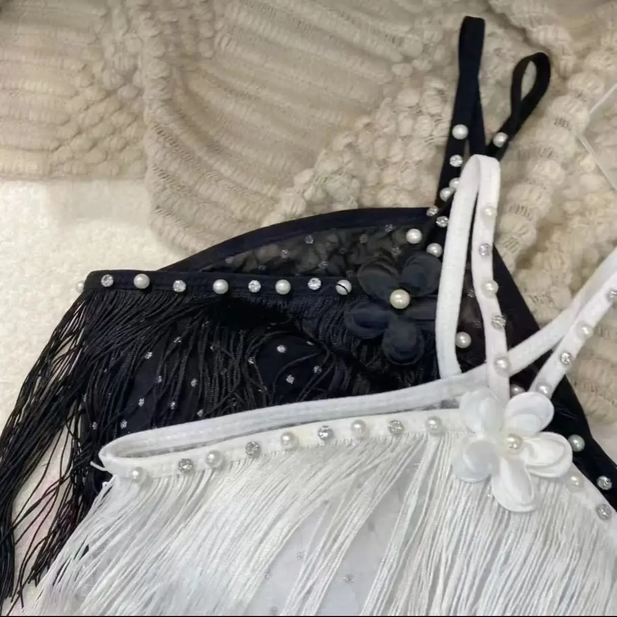 Decorative Halter Top with Padded Cups Long Tassel Pearl Sparkling Diamond Retro Millennial Style Sexy Halter — image 5