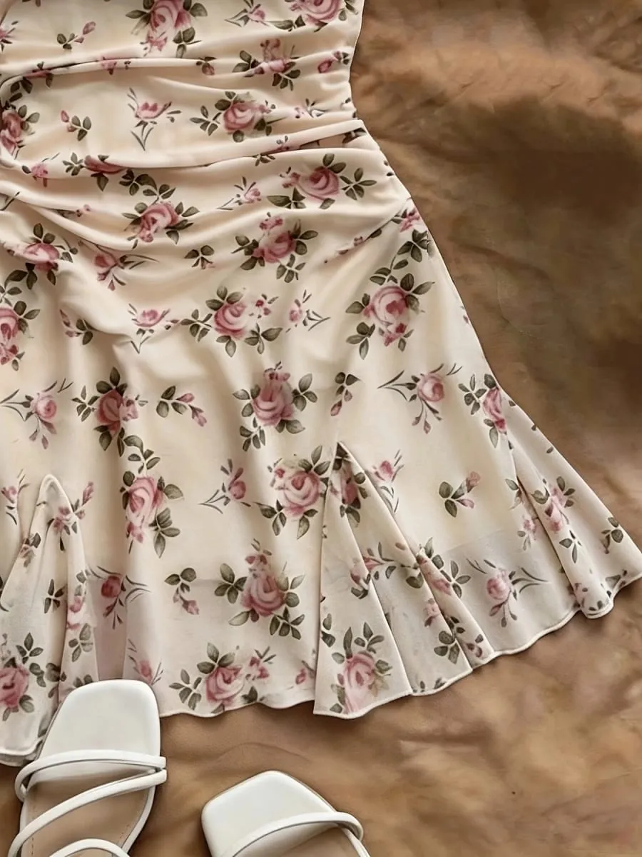 Elegant Floral Print Mini Dress for Women Summer Spring Vacation Beach Style Off-Shoulder Strap Gown Stylish And Sophisticated