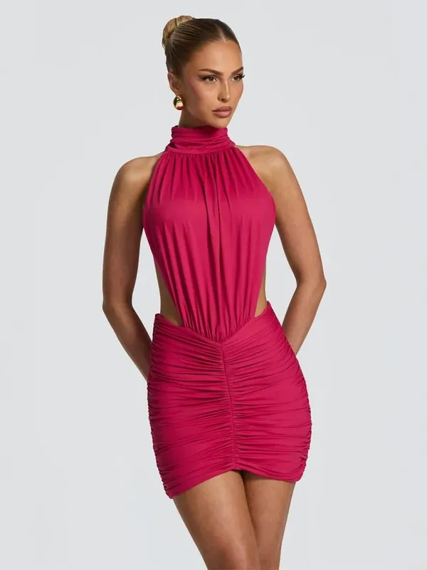 Chic Sleeveless Pleated Slim Mini Dress Women Sexy Solid Backless Hollow Out Round Collar Dresses Lady Evening Party Vestidos