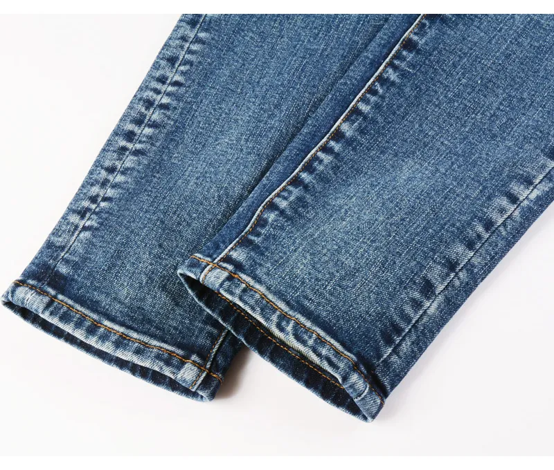 Fashionable New Men's Retro Blue Jeans With Pleated Elastic Perforated Blue Leather Patch Tight Tapered Pants Y2K — image 7