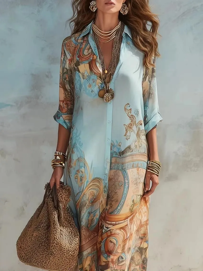 Elegant Shirt Dress for Women Chiffon Digital Print Turndown Collar Single-breasted Dresses Flowy Casual Boho Summer Clothing — image 5