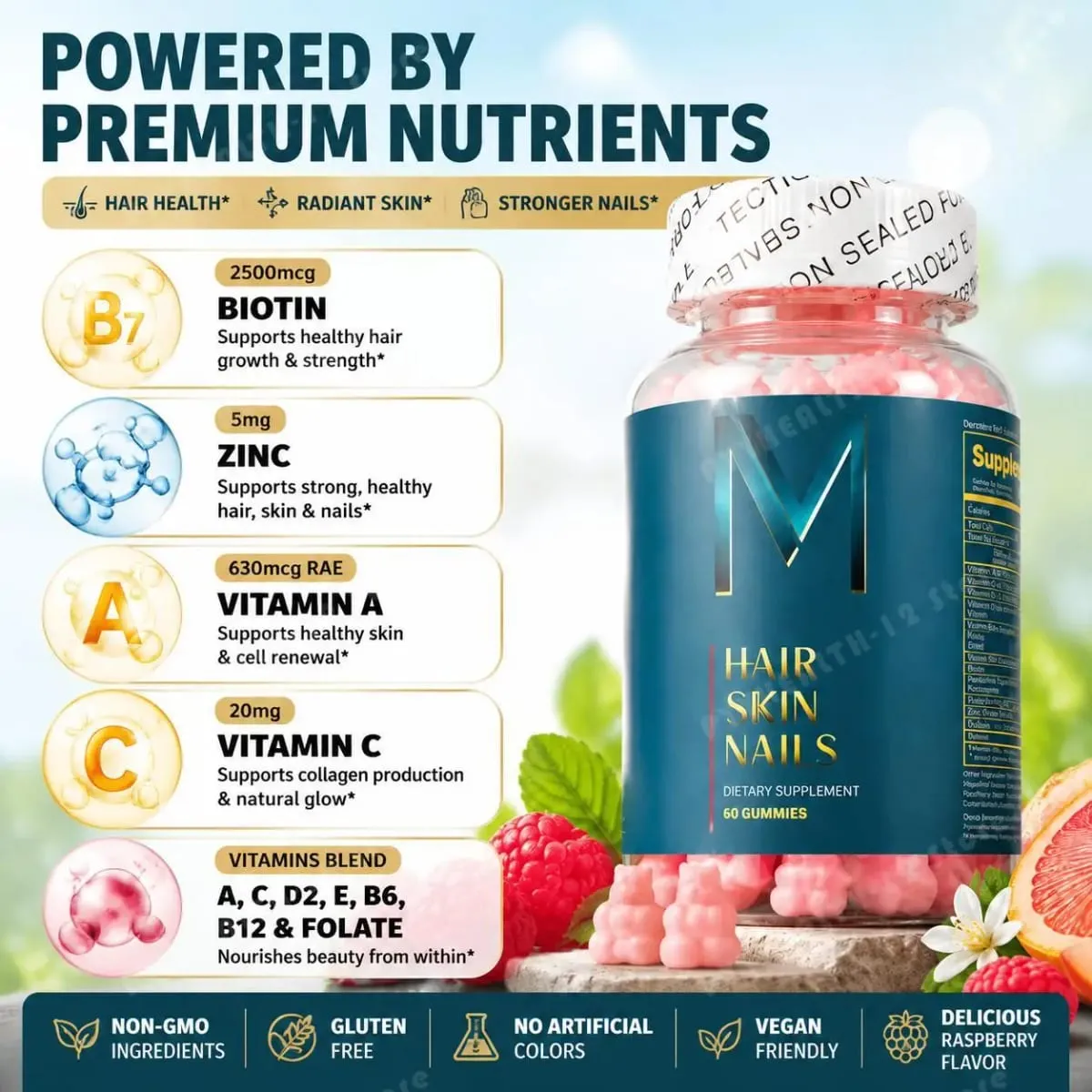 Hair Skin Nails Gummies with Biotin and Zinc Vitamins A C D2 and E Plus B6 and B12 for Radiant Healthy Skin 60 Gummies — image 4