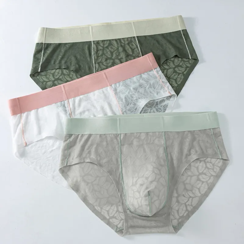 Biancheria intima da uomo ultrasottile in seta di ghiaccio da uomo, mutandine traspiranti in pizzo jacquard senza cuciture, custodia rigonfiante 3D, lingerie in rete trasparente — image 6