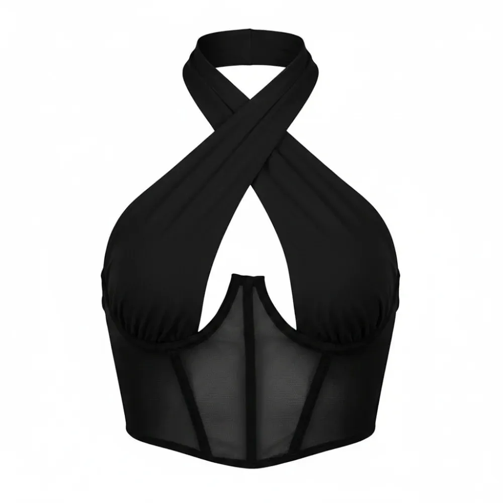 Fashion Solid Color Cross Halter Top Hollow Out Irregular Neckline Sleeveless Top Backless Camisole Summer Clothes