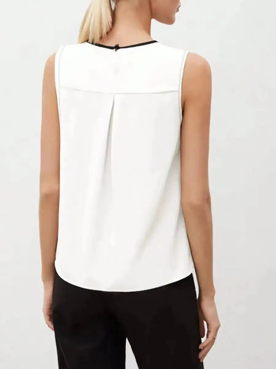 Women's Tank Top Spring Summer White Black Contrast Trim V Neck Sleeveless Loose Elegant Office Daily Work Top — image 4