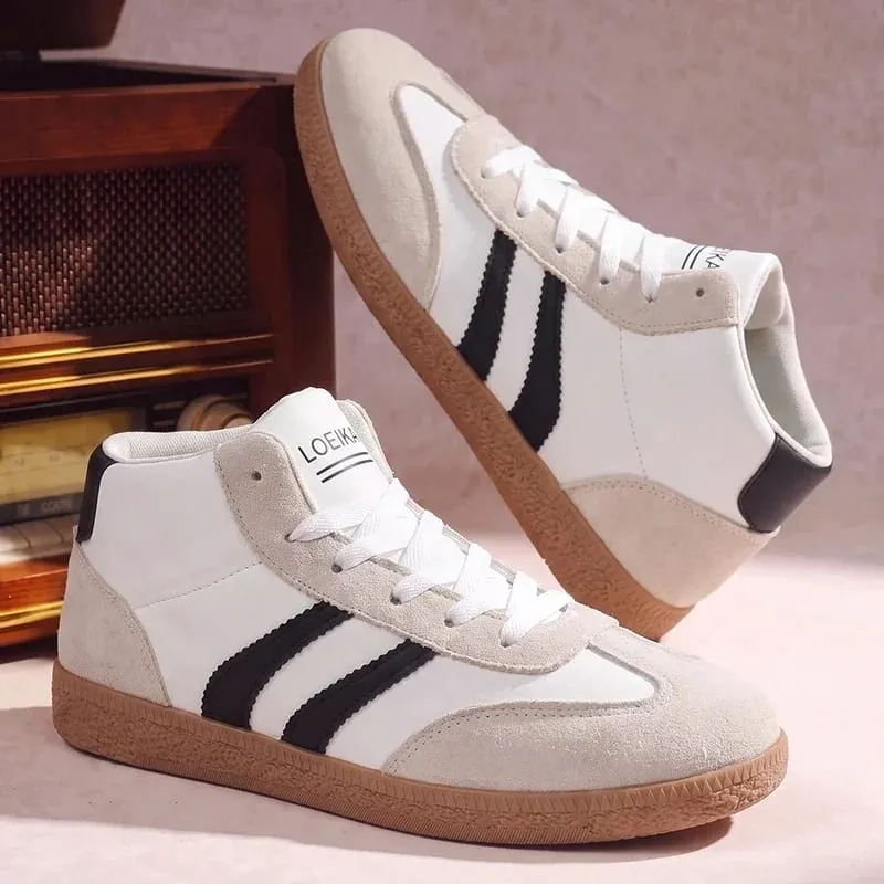 Unisex High Top Retro Sneakers Striped Patchwork Lace‑up Soft Rubber Sole Daily Casual Board Shoes for Men Women — image 6