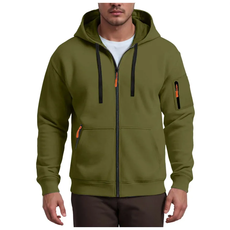Men's Hoodies Solid Color Loose Zip Up Jacket Arm Zipper Pocket Hoodies Sand Hoodie Men