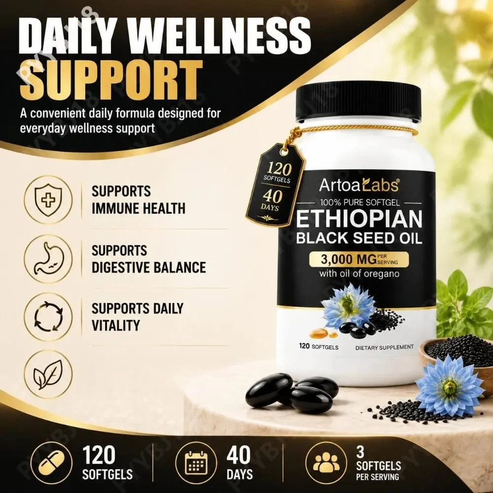 Minyak Habbatus Sauda Ethiopia 3000Mg Kapsul Gel Lunak dengan Minyak Oregano Mendukung Kesehatan Kekebalan Tubuh, Keseimbangan Pencernaan & Vitalitas Harian 120 Hitungan