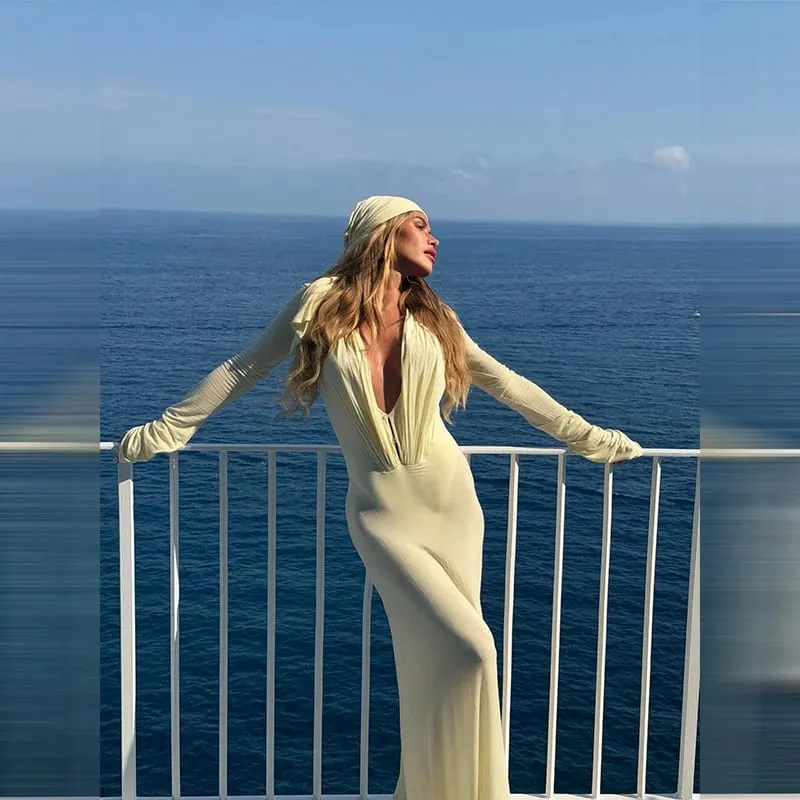 Women's Sexy Sheer Mesh Long Sleeve Maxi Dress Deep V Neck Long Sleeve Party Gown Stylish Lady Ruched Slim Fit Club Beach Wear — image 7