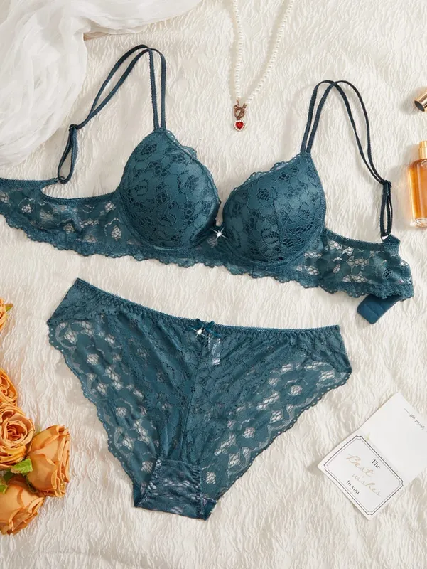 Single of Women's Underwear Set Sexy Floral Lace Push Up Bra Romantic Sheer Panties Comfort Lingerie Set — image 9