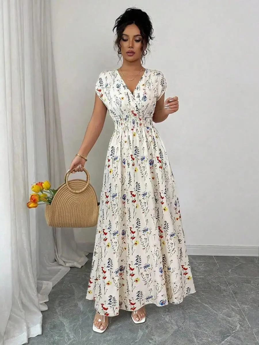 Women's Ditsy Floral V-Neck Sleeveless Waisted Maxi Dress — image 4