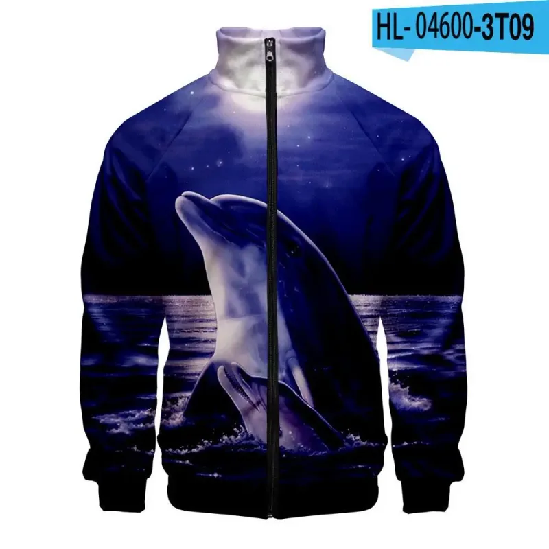 Harajuku Popular Novelty dolphin 3D Print Zipper Raglan Jacket Windbreaker Boys/Girls Comfortable Stand Collar Jackets Coats