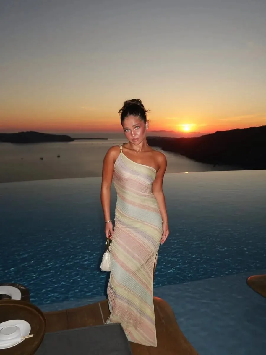 Women Rainbow Stripe Knit Maxi Dress One Shoulder Single Strap Side Split Bodycon Vestidos Summer Beach Vacation Party Robe 2026 — image 4
