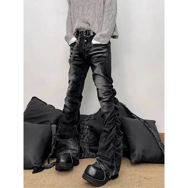 Spring Men's Flare Cargo Jeans Black Harajuku Japanese Low Rise Denim Pants Abi Y2k Bell Bottom American Retro Gyaru Bootcut New