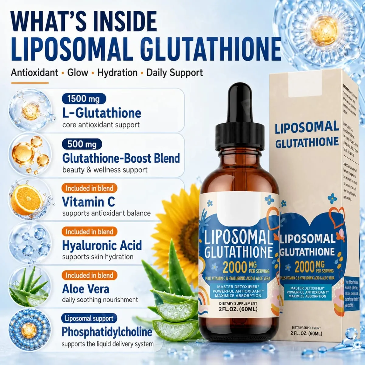 Liposomal Glutathione Liquid Drops 1500mg with Vitamin C Hyaluronic Acid & Aloe Vera for Beauty Glow and Hydration Support — image 4