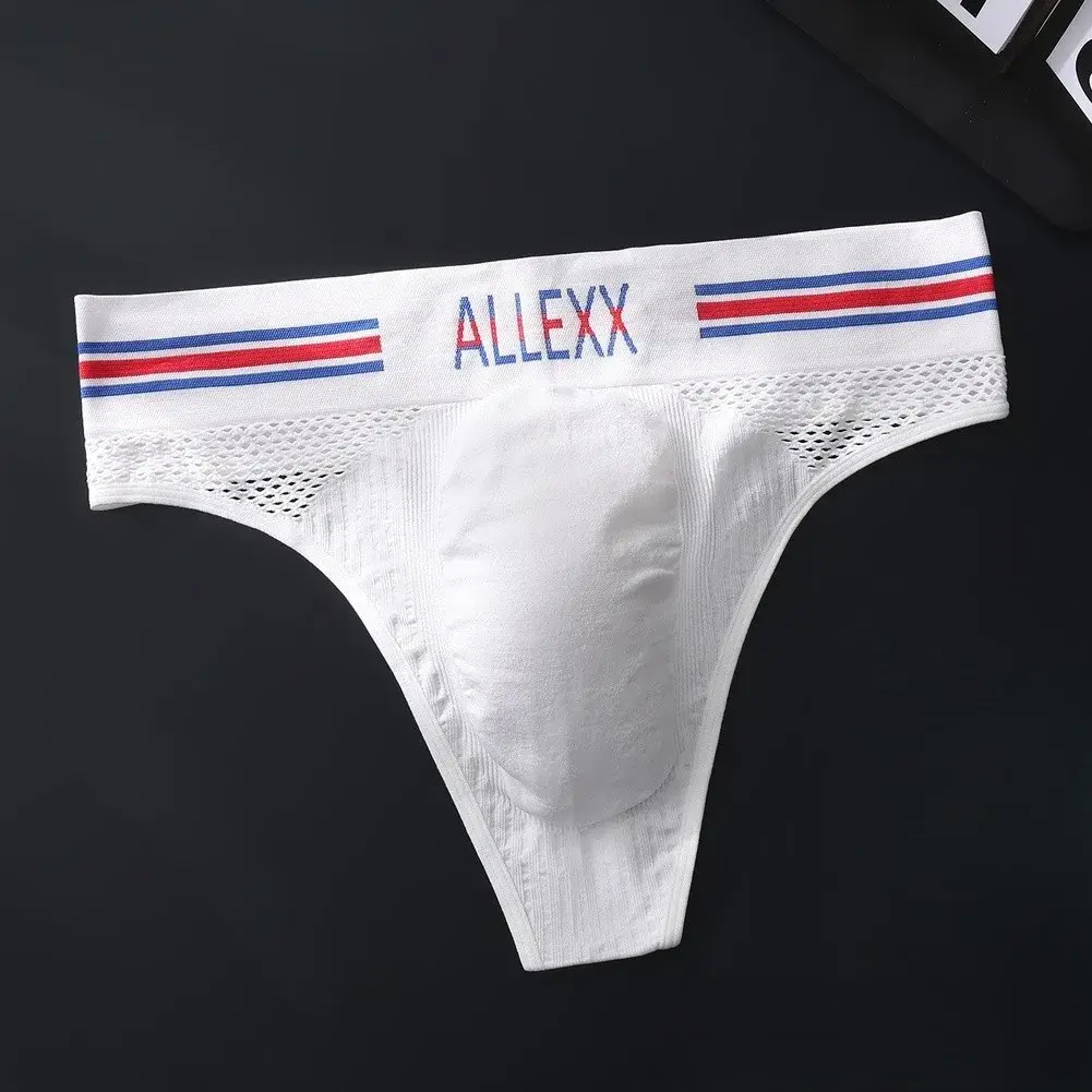 1pc Men's G-String Underwear 3D Bulge Pouch Striped Letter Printing Briefs Elastic Mesh Breathable Comfortable Thongs