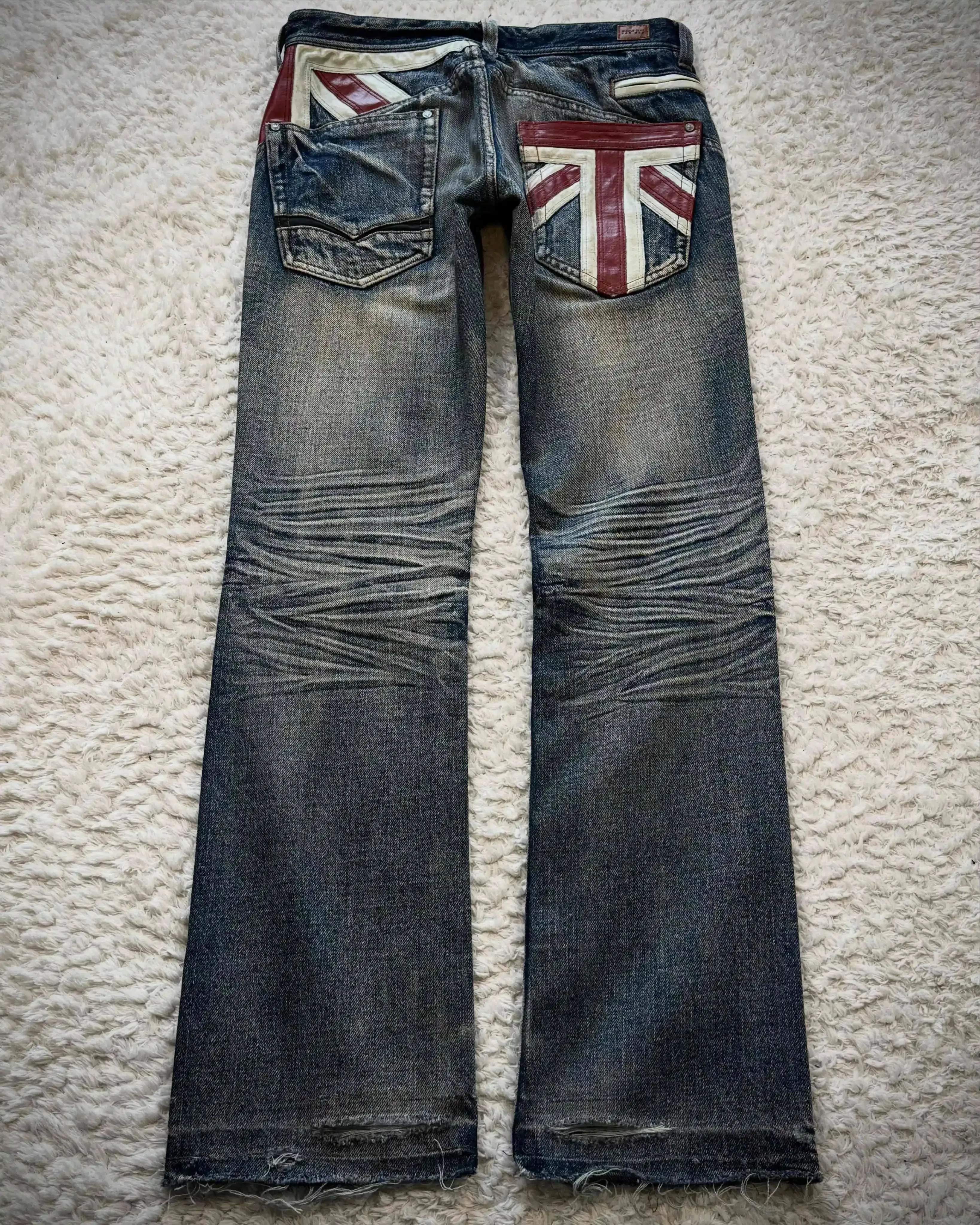 Vintage French Flag Pocket Patchwork Men's Jeans Y2K Low Waisted Straight Leg Blue Washed Denim Pants Women Casual Street Jeans — image 7