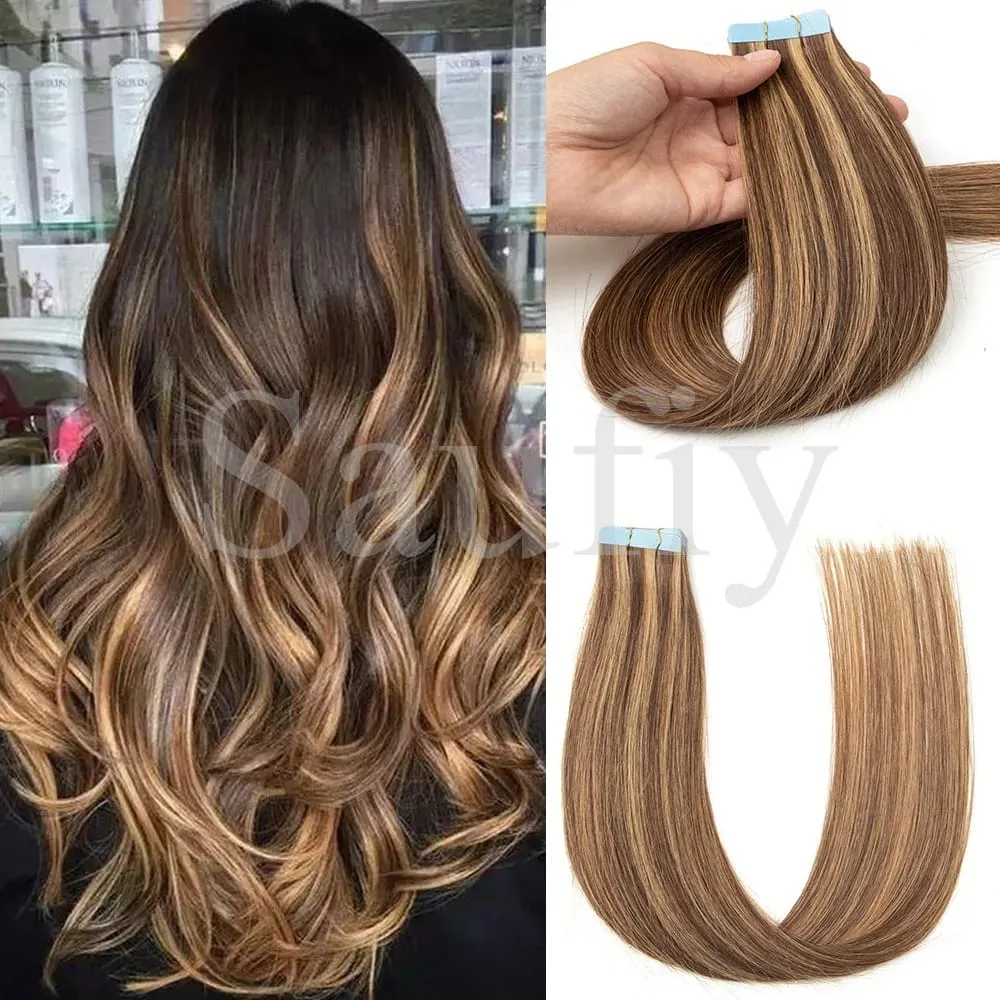Blonde Straight Tape In Hair Extensions Human Hair 20pcs/Pack Straight Natural Black Blonde Brown Tape Ins Hair Extensions 12-20inches Seamless Double Side Skin Weft Tape In Hair Extensions For Women — image 15