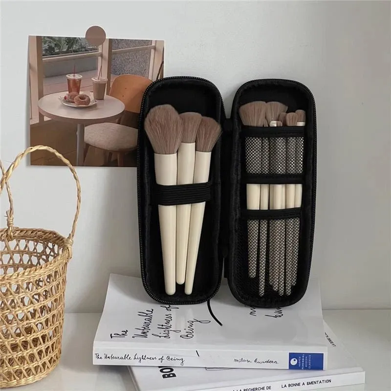 (N) Black Cosmetic Storage Bags Waterproof Double Zipper Makeup Brushes Case Women Bag Portable Travel Brush Holder Pen Case Box
