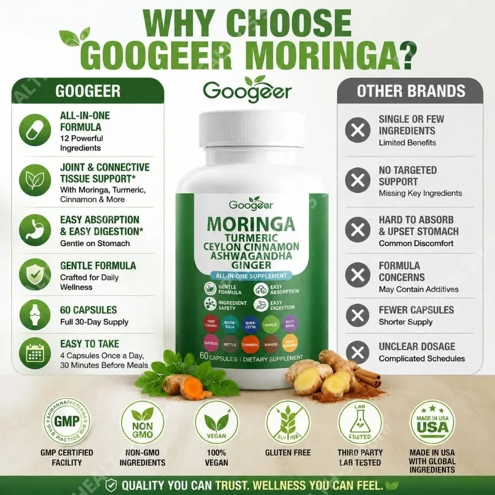 Googeer Moringa Turmeric Capsules All-in-one for Joint Health Support with Ashwagandha Ginger and Ceylon Cinnamon 60 Capsules — image 6