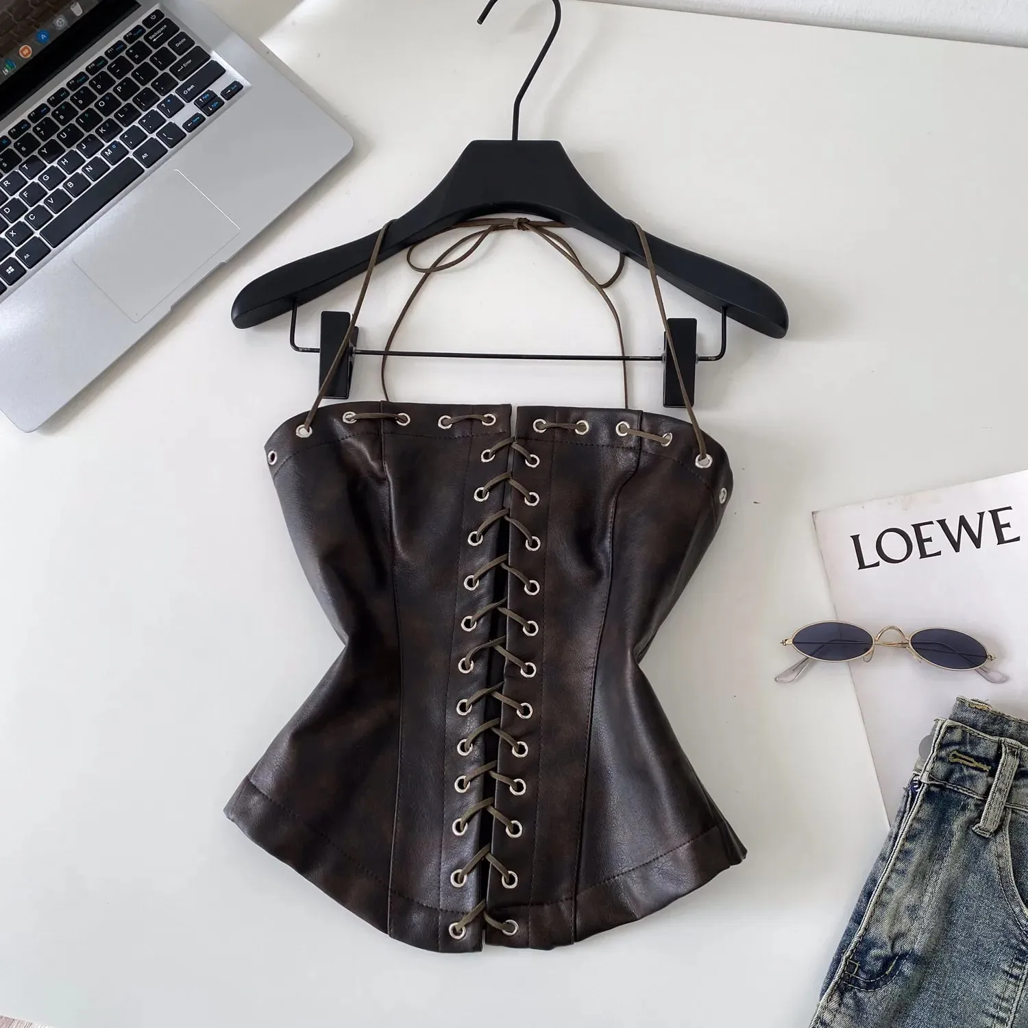 Sexy Bandage Pu Solid Tanks Top Vintage Corset Bustier Korean Autumn Camis Women Party Crop Top Y2k