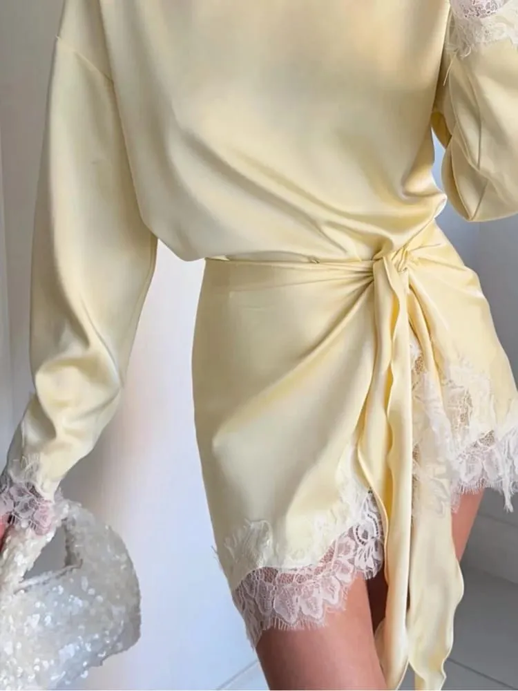 Satin Lace Patchwork Dress Women Long Sleeve O-neck Casual 2026 Spring Female Dresses Casual Solid Beach Robe Not Contain Pearls — image 6