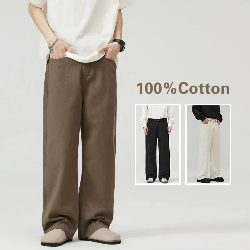 100% Cotton Men's Baggy Straight Jeans Comfortable Soft Casual Pants Fashion Korean White Brown Denim Trousers Male Clothing — image 2