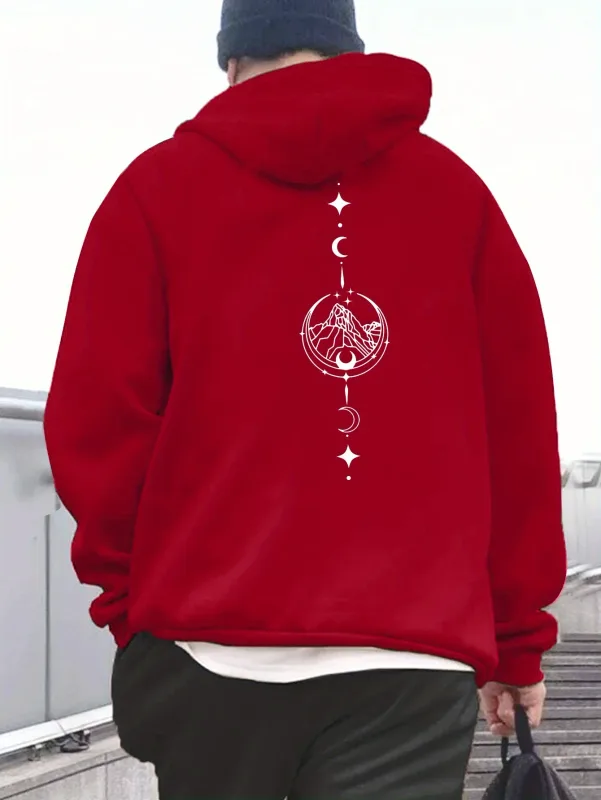 Men Celestial Mountain Back Print Hoodie Moon Star Vertical Line Art Graphic Hooded Sweatshirt Casual Outdoor Streetwear Kangaro — image 7