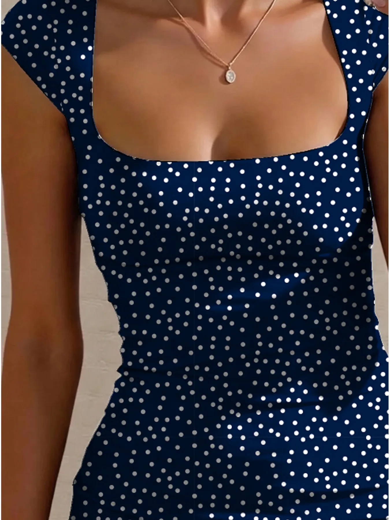 Women's Summer Casual Waist Cinched Square Neck Polka Dot Printed Sleeveless Dress Mid Length Skirt — image 4