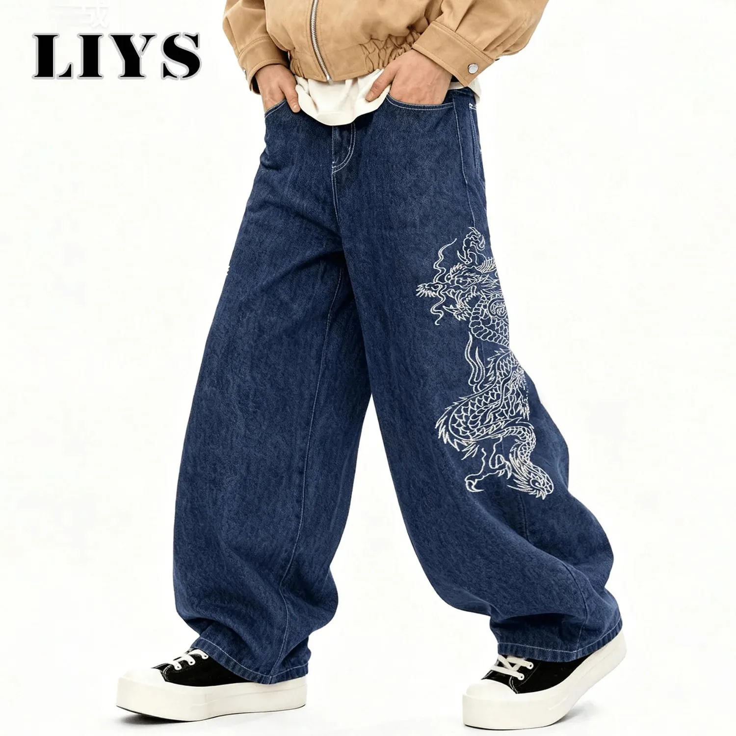 Korean Street Blue Baggy Wide Leg Men's Jeans Personalized White Dragon Pattern Embroidery Denim Pants Gothic Male Jeans Unisex — image 2