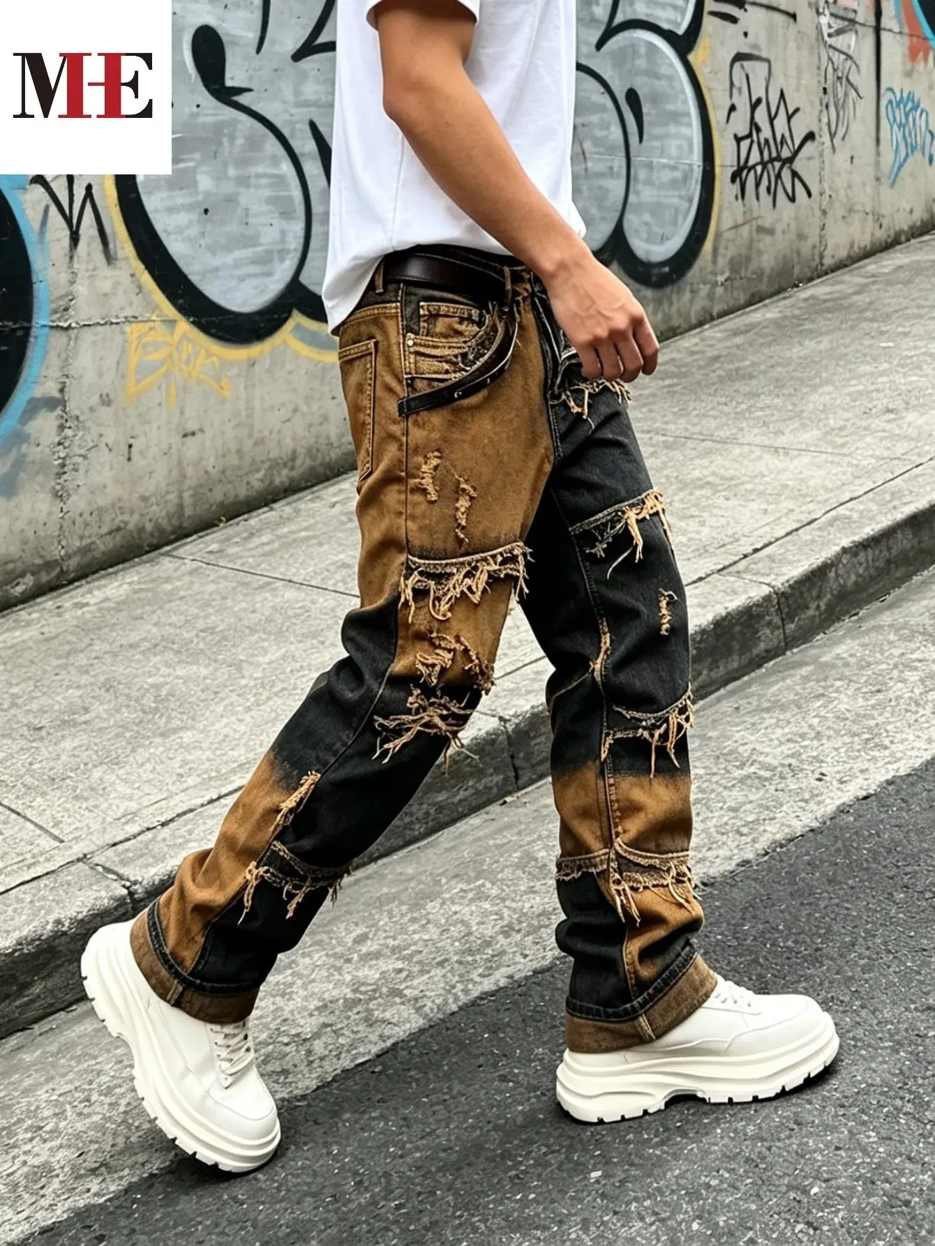 【HME】Men's Jeans | Straight‑Fit Deconstructed Denim Pants vintage Mud‑Wash Two‑Color Spliced Denim Trousers Exposed Frayed Tassel Seams Classic Five‑Pocket Construction Durable Fabric Fashion Men Casual Pants — image 3