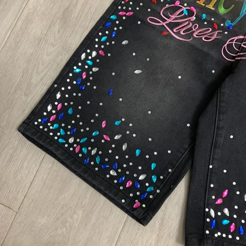 2026 Latest Style VALLEY Shiny Diamond Logo Denim Shorts Vintage Washed Men Women High Quality Fashion Skinny Jeans — image 6