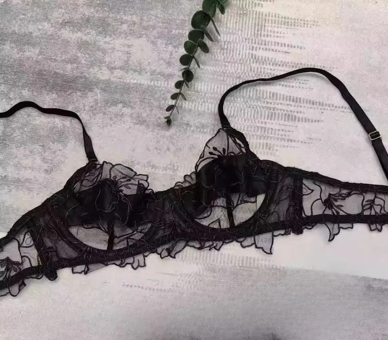 French Embroidered Lace Lingerie Set Large Bust Small Look Bra Wire Free Anti Sagging Top Sheer Bras for Women S-XL 32-38AB — image 9