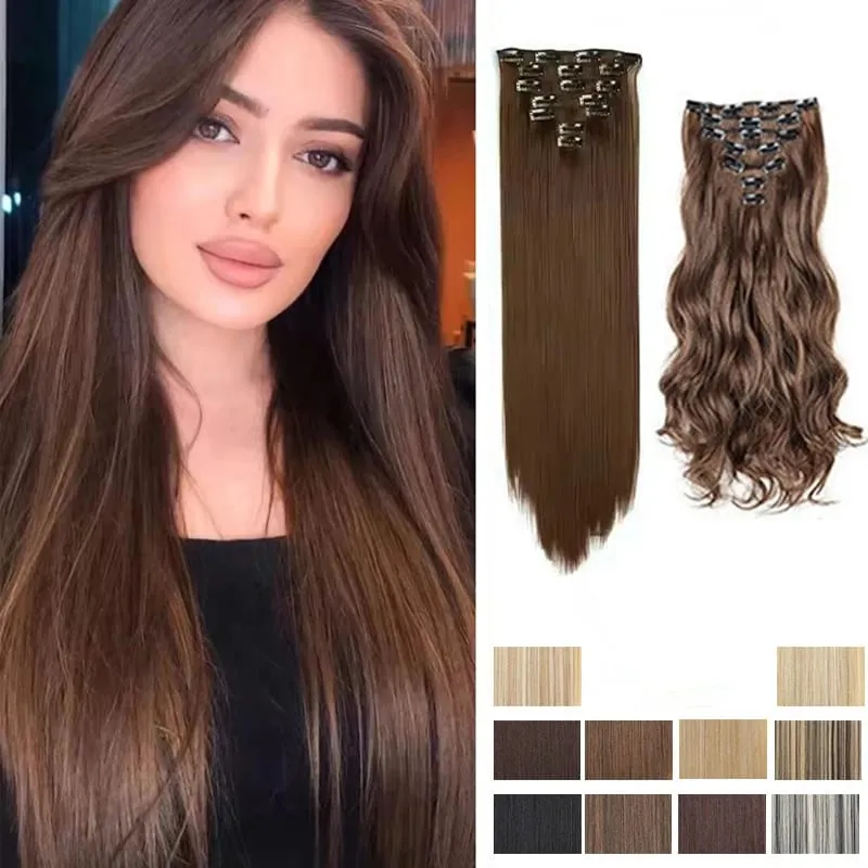 Long Straight Hairstyle 16 Clips 7 Pcs/Set Hair Extensions Natural Synthetic Blonde Black Hairpieces Heat Resistant For Women Kp — image 2
