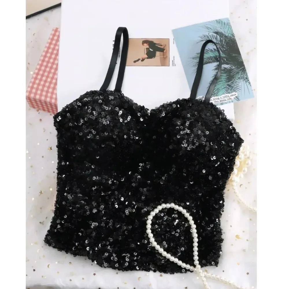 Shiny Sequin Sequin One-Piece Tank Top Fixed Wrap Chest High Elasticity Backless Vest Underwear Short Base Layer Vest Top Summer