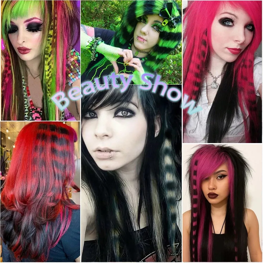 18' 7 Pcs Rainbow Long Straight Zebra Print Synthetic Feather Clip in Hair Extensions for Women Ideal Halloween Christmas