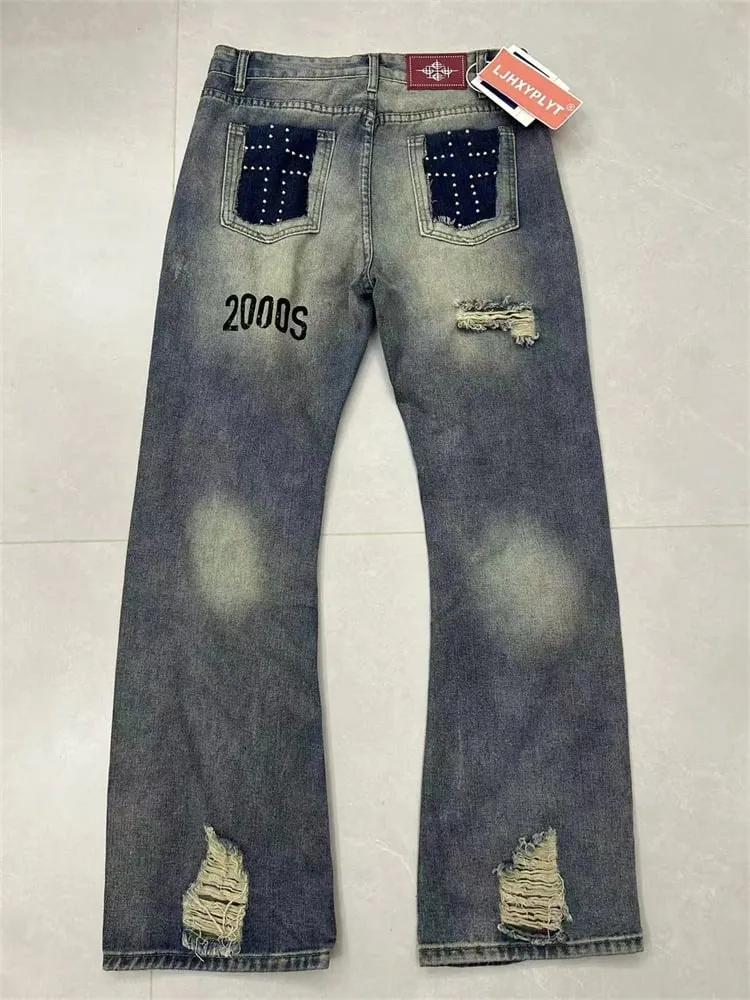 Men's Rivet Hole Design Street Retro Jeans Casual Pant Vintage Boys Straight Unisex Sweatpants Male High Waist Wide Leg Trousers — image 7