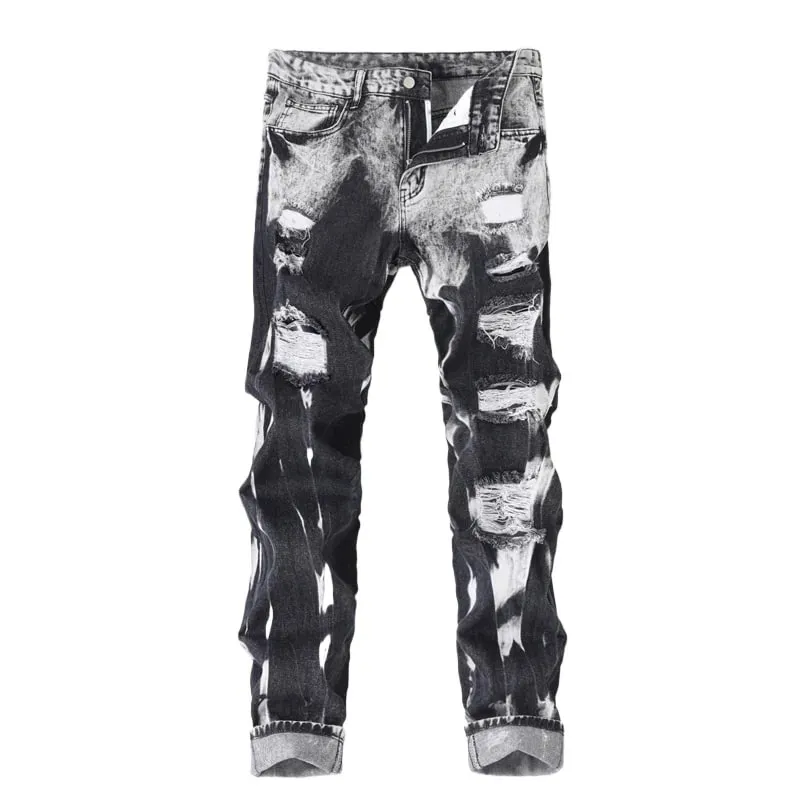 New Patchwork Ripped Jeans Men's Slim Fit Moto Biker Fashion Denim Trousers Vintage High Street Black Casual Pants Street Wear
