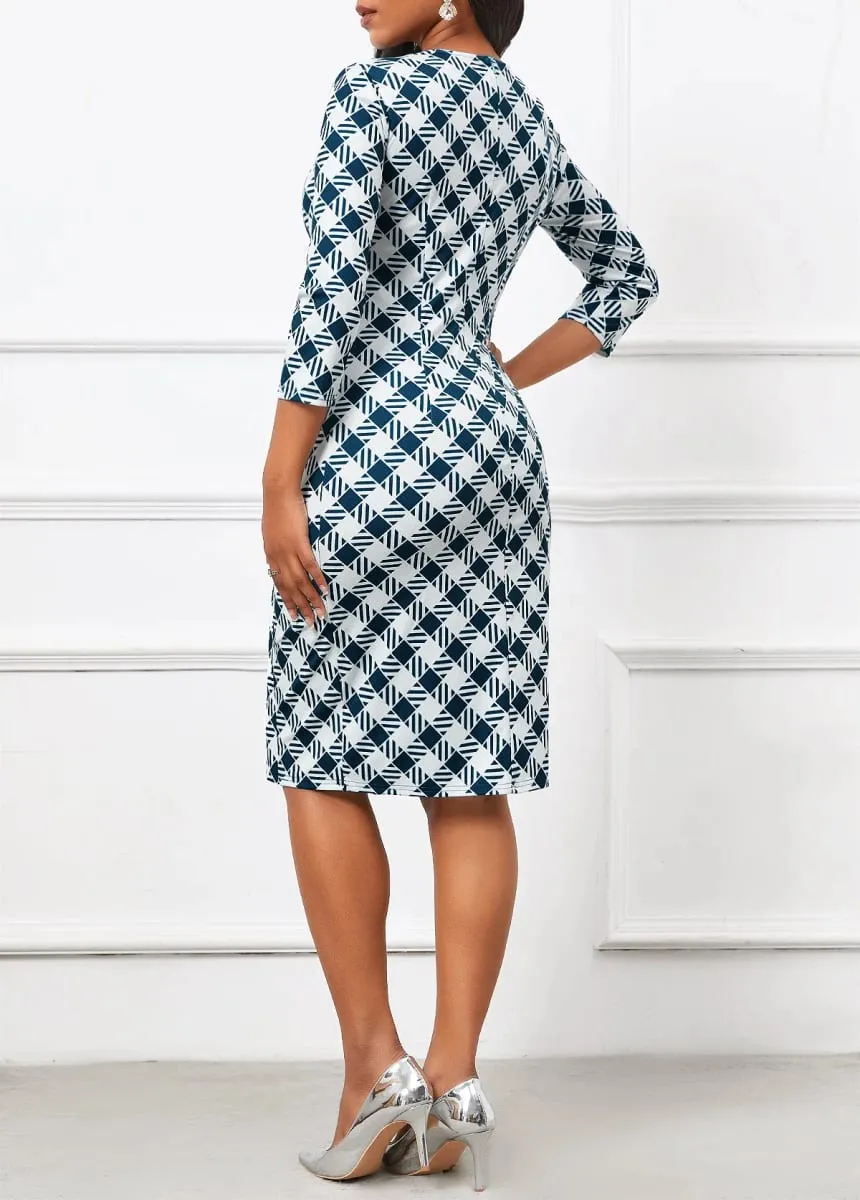 Women Elegant Faux Two-Piece Notched Neck 3/4 Sleeve Bow Tie Office Work Party Casual Slim Knee Length Bodycon Dress Geometri