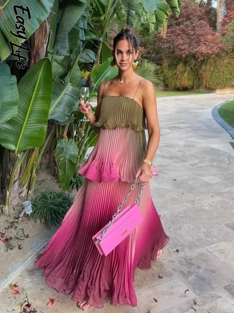 Chic Multicolored Pleated Women Maxi Dress Elegant Spaghetti Strap Ruffle Tiered Flowy Vestidos 2026 Summer Lady Vacation Outfit — image 1
