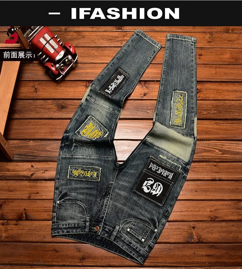 High-End Jeans Men's Autumn and Winter Fashion Ripped Patch Pu Shuai Embroidered Printed Slim Fit Skinny Stretch Pants — image 8